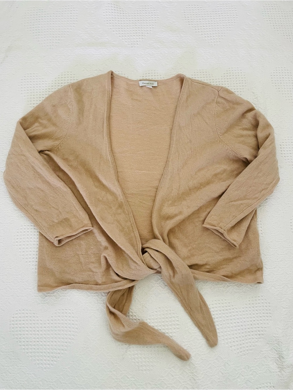 Garnet Hill 100% Cashmere Sweater Tie-front Wrap Shrug Cardigan Size Large Beige